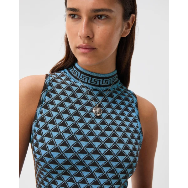 Versace Jacquard Wool and Viscose Knit Top in Brown and Dv Blue, view 5 | Tops
