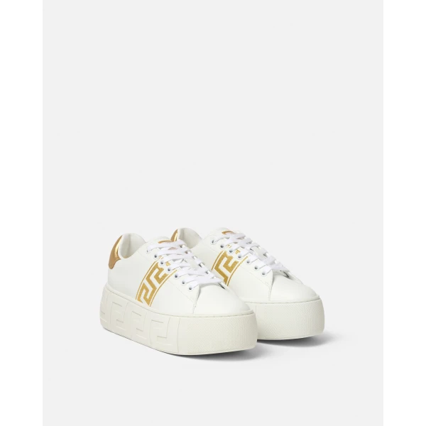 Versace La Greca Embroidered Platform Sneakers in White and Print, view 2 | Sneakers
