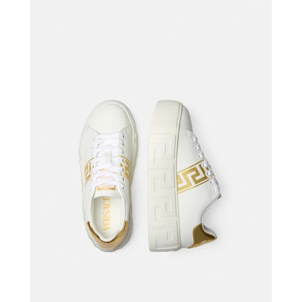 Versace La Greca Embroidered Platform Sneakers in White and Print, view 3 | Sneakers