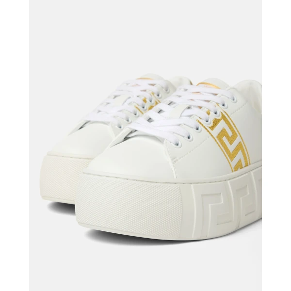 Versace La Greca Embroidered Platform Sneakers in White and Print, view 4 | Sneakers