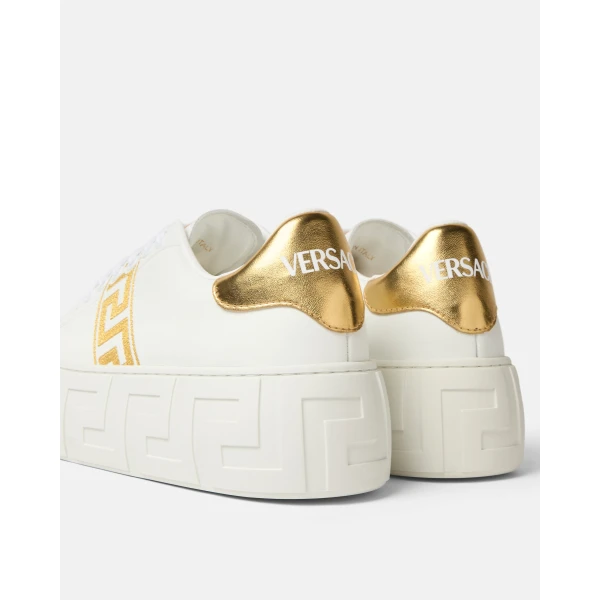 Versace La Greca Embroidered Platform Sneakers in White and Print, view 5 | Sneakers