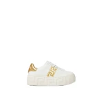 Versace La Greca Embroidered Platform Sneakers in White and Print | Sneakers | Coveti
