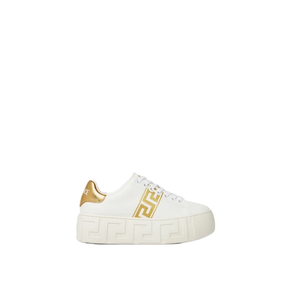Versace La Greca Embroidered Platform Sneakers in White and Print | Sneakers | Coveti