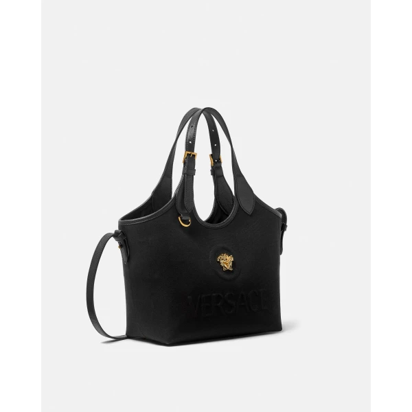 Versace La Medusa Canvas Mini Tote in Black and Gold, view 2 | Mini Bags