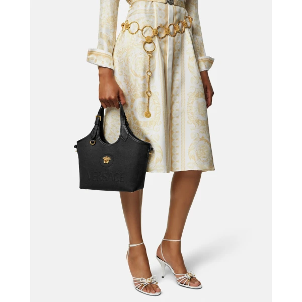 Versace La Medusa Canvas Mini Tote in Black and Gold, view 3 | Mini Bags