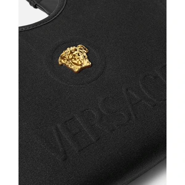 Versace La Medusa Canvas Mini Tote in Black and Gold, view 6 | Mini Bags