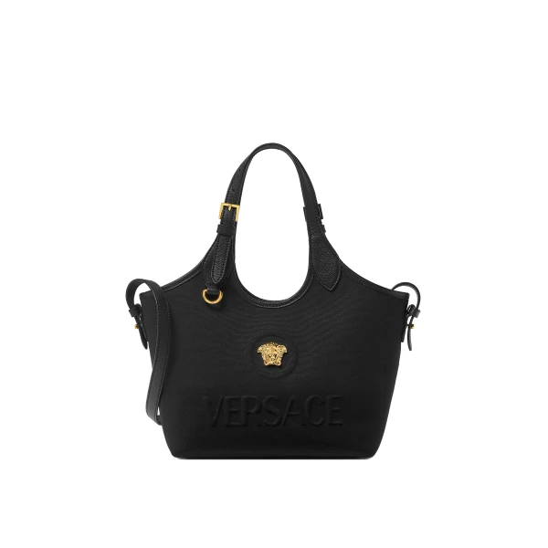 Versace La Medusa Canvas Mini Tote in Black and Gold | Mini Bags | Coveti