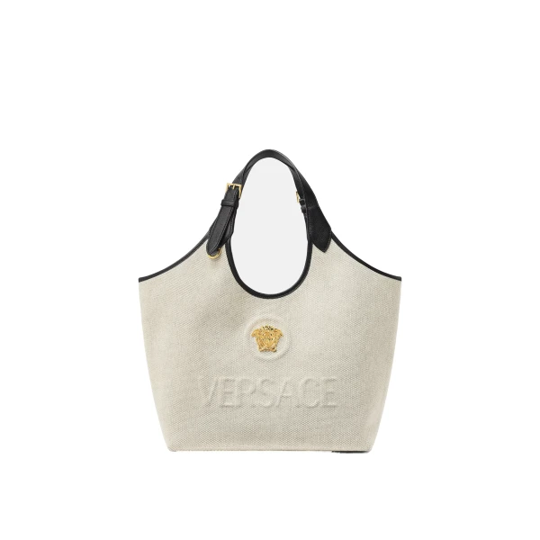 Versace La Medusa Canvas Tote in Beige | Totes & Top-Handle Bags | Coveti