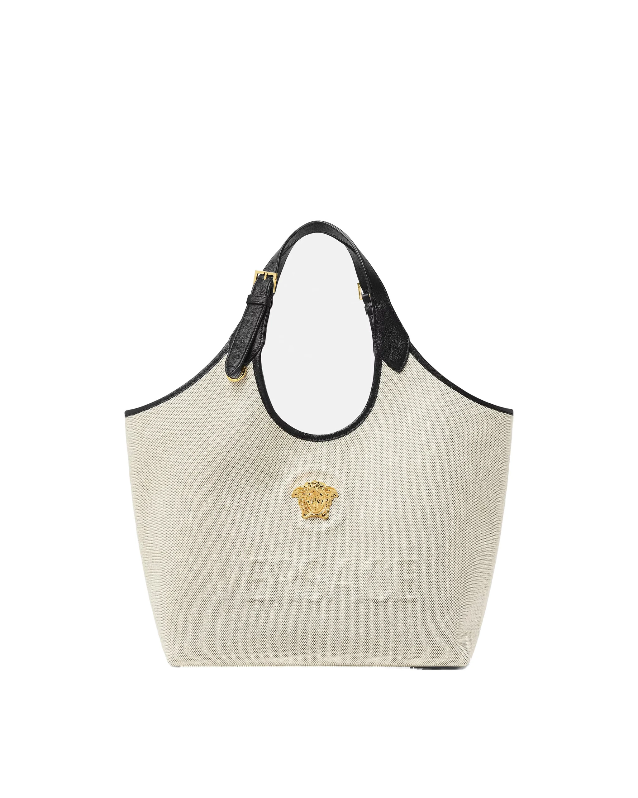 Versace La Medusa Canvas Tote in Beige Versace La Medusa Canvas Tote in Beige | Totes & Top-Handle Bags | Coveti