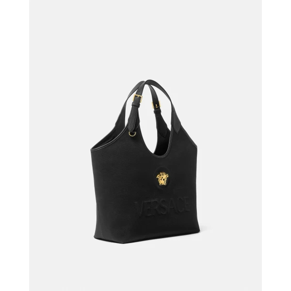 Versace La Medusa Canvas Tote in Black and Gold, view 2 | Totes & Top-Handle Bags