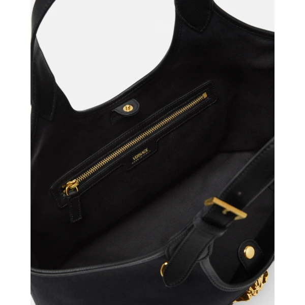 Versace La Medusa Canvas Tote in Black and Gold, view 3 | Totes & Top-Handle Bags