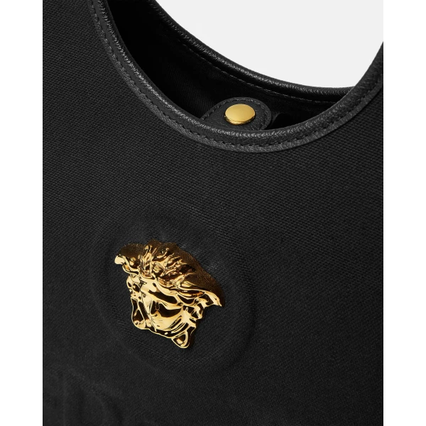 Versace La Medusa Canvas Tote in Black and Gold, view 4 | Totes & Top-Handle Bags
