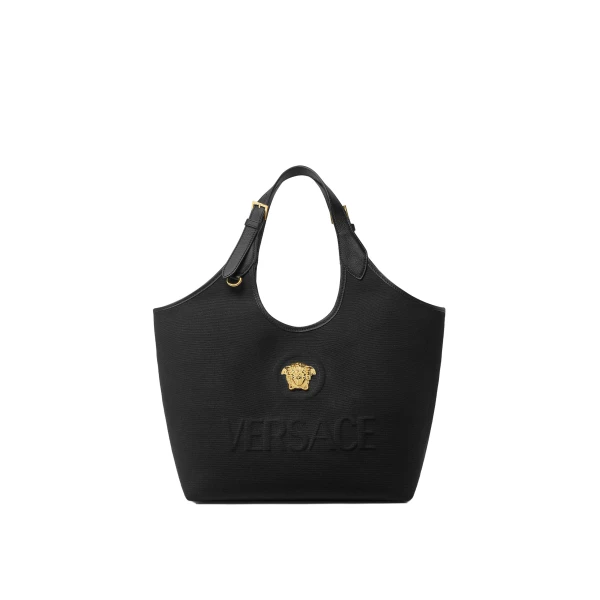 Versace La Medusa Canvas Tote in Black and Gold | Totes & Top-Handle Bags | Coveti