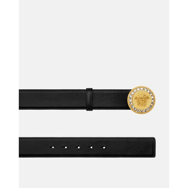 Versace La Medusa Embellished Belt 1.6" in Black and Gold, view 2 | Belts