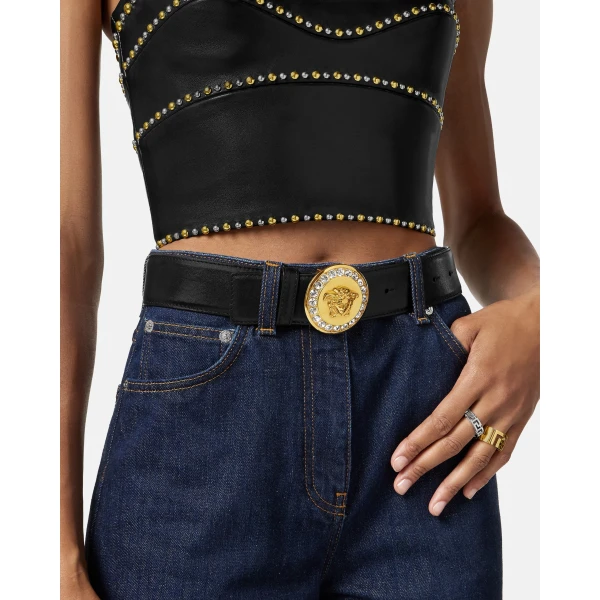 Versace La Medusa Embellished Belt 1.6" in Black and Gold, view 3 | Belts