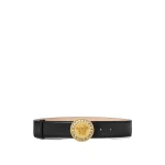 Versace La Medusa Embellished Belt 1.6" in Black and Gold | Belts | Coveti
