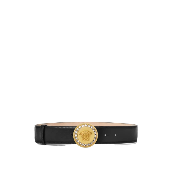 Versace La Medusa Embellished Belt 1.6" in Black and Gold | Belts | Coveti
