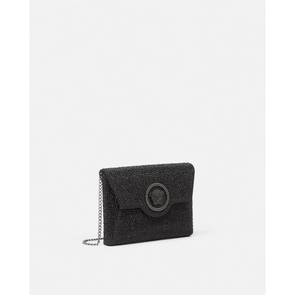 Versace La Medusa Embellished Satin Clutch in Black, view 2 | Clutch Bags