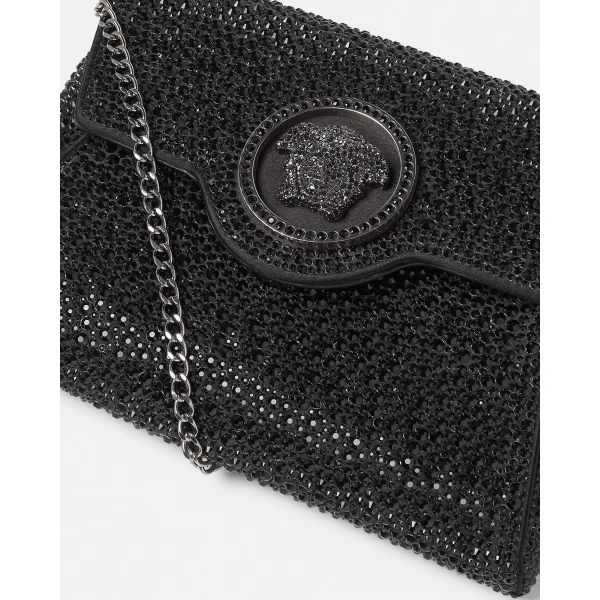 Versace La Medusa Embellished Satin Clutch in Black, view 5 | Clutch Bags