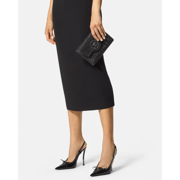 Versace La Medusa Embellished Satin Clutch in Black, view 6 | Clutch Bags