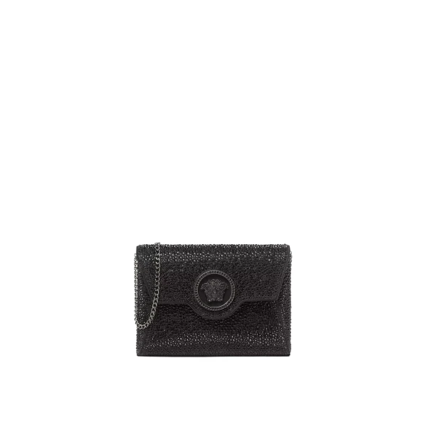 Versace La Medusa Embellished Satin Clutch in Black | Clutch Bags | Coveti