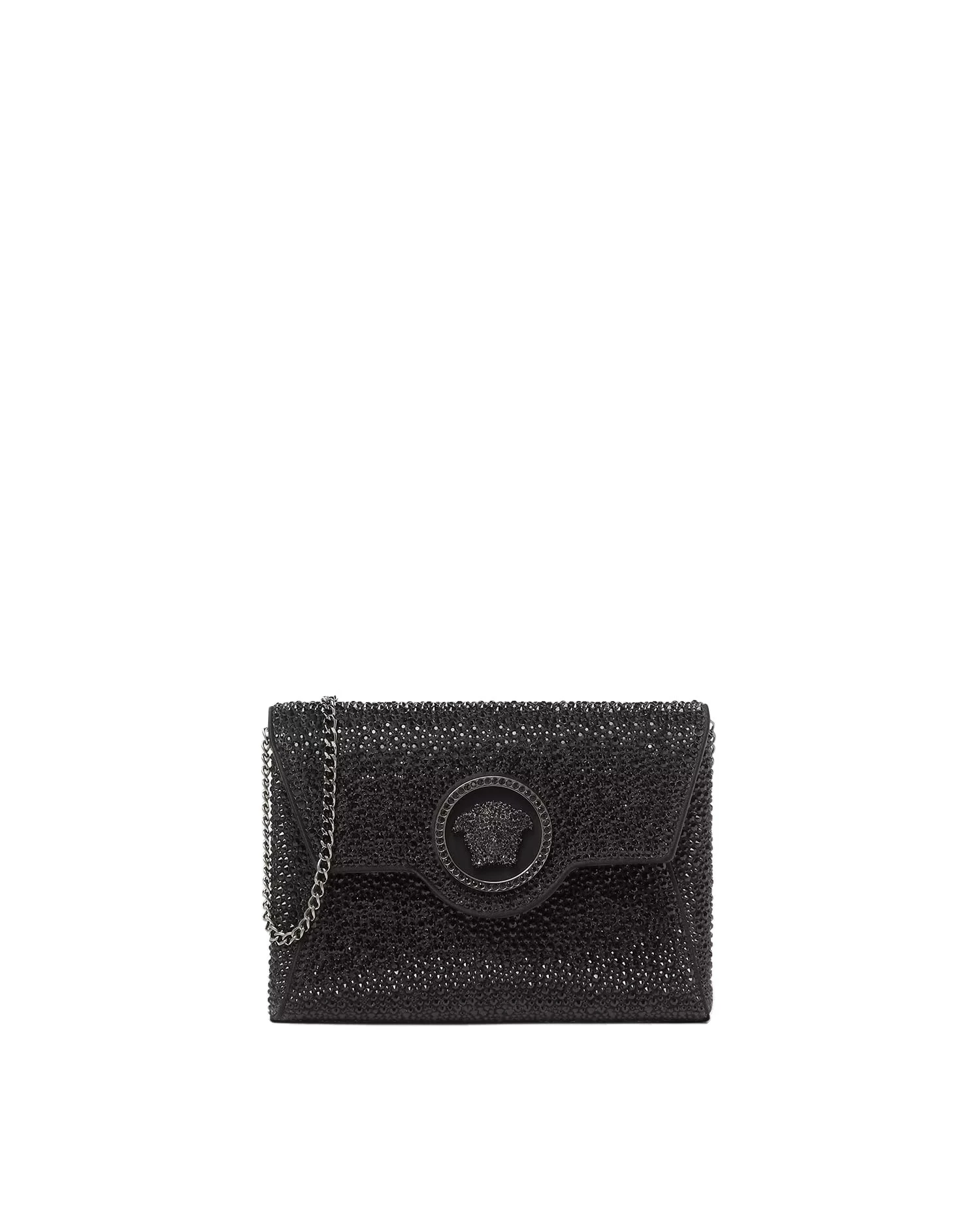 Versace La Medusa Embellished Satin Clutch in Black Versace La Medusa Embellished Satin Clutch in Black | Clutch Bags | Coveti
