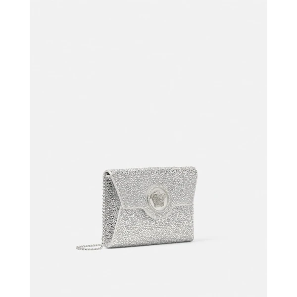 Versace La Medusa Embellished Satin Clutch in White, view 2 | Clutch Bags