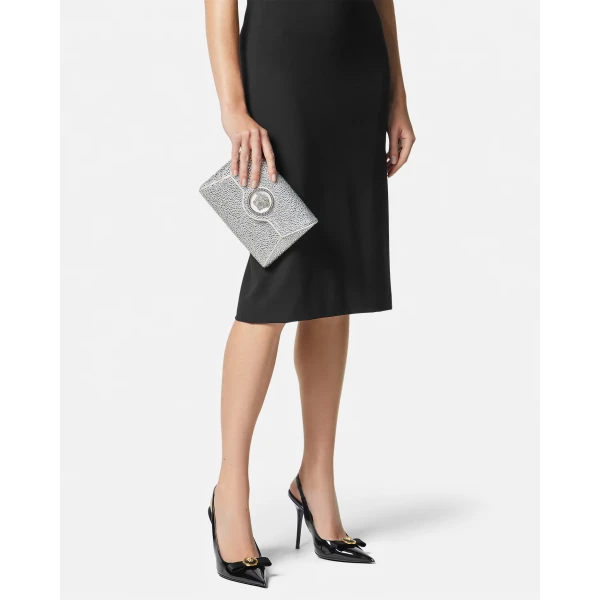 Versace La Medusa Embellished Satin Clutch in White, view 3 | Clutch Bags