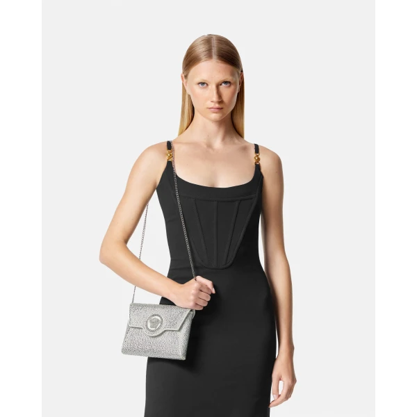 Versace La Medusa Embellished Satin Clutch in White, view 4 | Clutch Bags