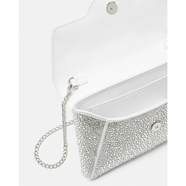 Versace La Medusa Embellished Satin Clutch in White, view 5 | Clutch Bags