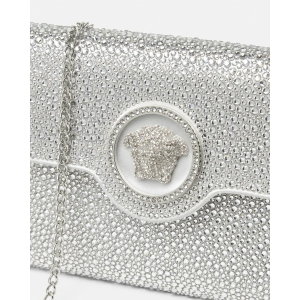 Versace La Medusa Embellished Satin Clutch in White, view 6 | Clutch Bags