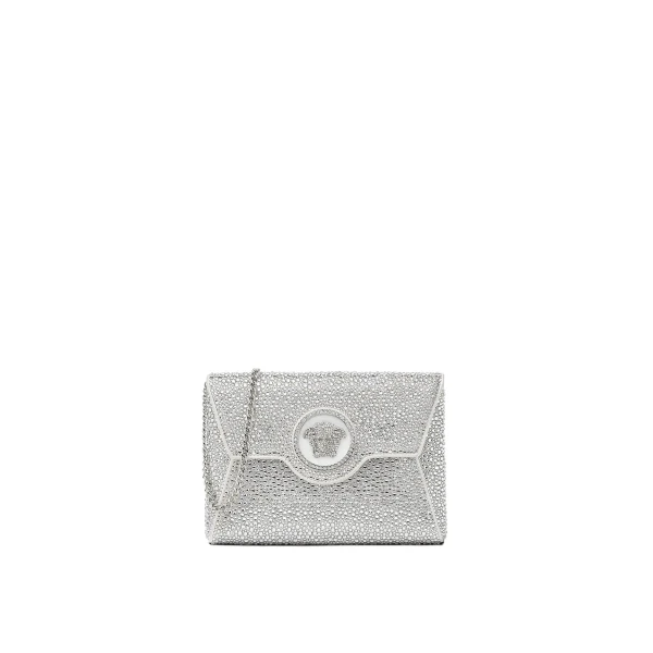 Versace La Medusa Embellished Satin Clutch in White | Clutch Bags | Coveti
