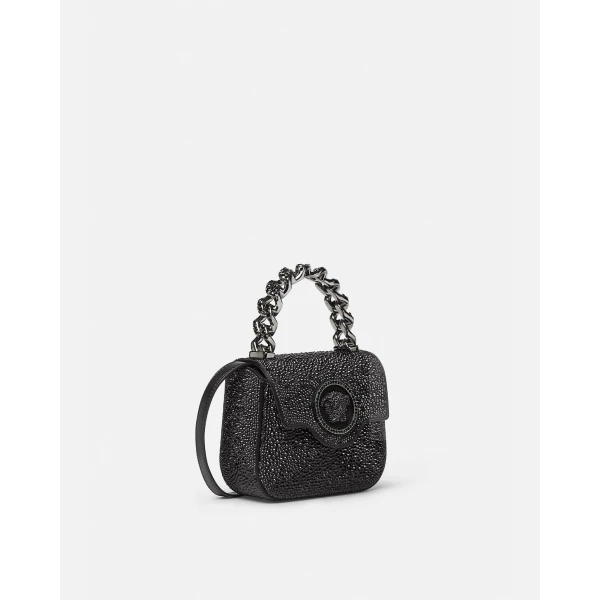 Versace La Medusa Embellished Satin Mini Bag in Black, 16 cm, view 2 | Mini Bags