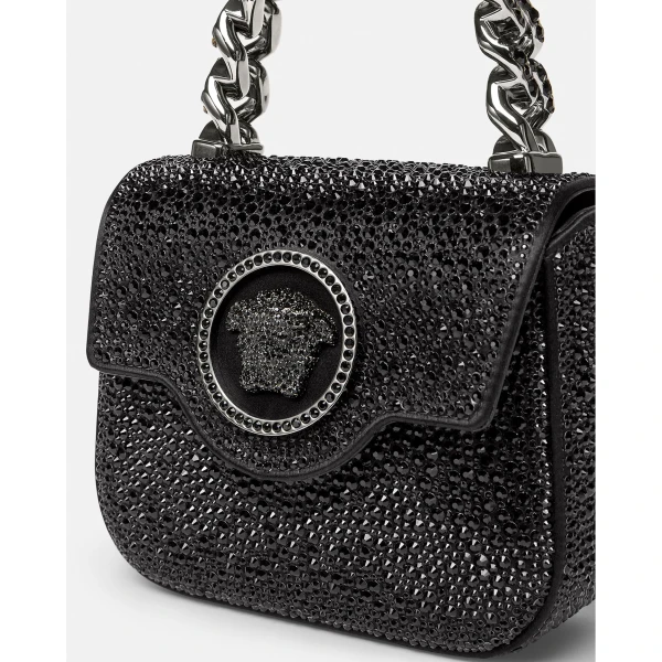 Versace La Medusa Embellished Satin Mini Bag in Black, 16 cm, view 5 | Mini Bags