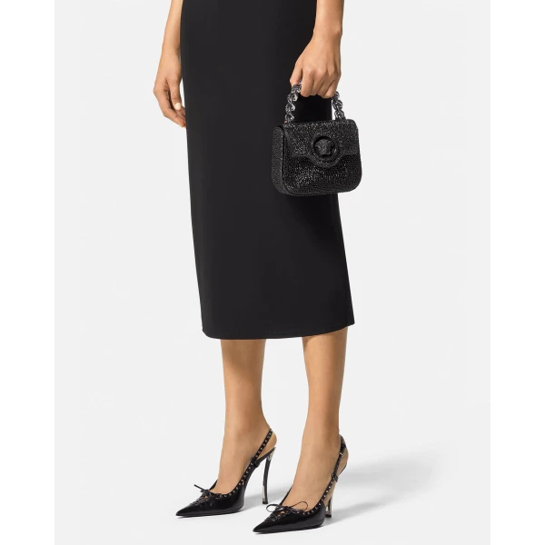 Versace La Medusa Embellished Satin Mini Bag in Black, 16 cm, view 6 | Mini Bags