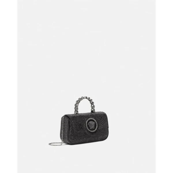 Versace La Medusa Embellished Satin Mini Bag in Black, 19 cm, view 2 | Mini Bags
