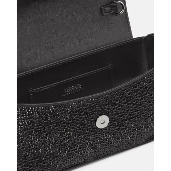 Versace La Medusa Embellished Satin Mini Bag in Black, 19 cm, view 5 | Mini Bags