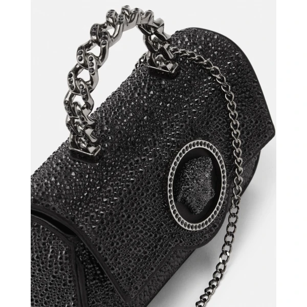 Versace La Medusa Embellished Satin Mini Bag in Black, 19 cm, view 6 | Mini Bags