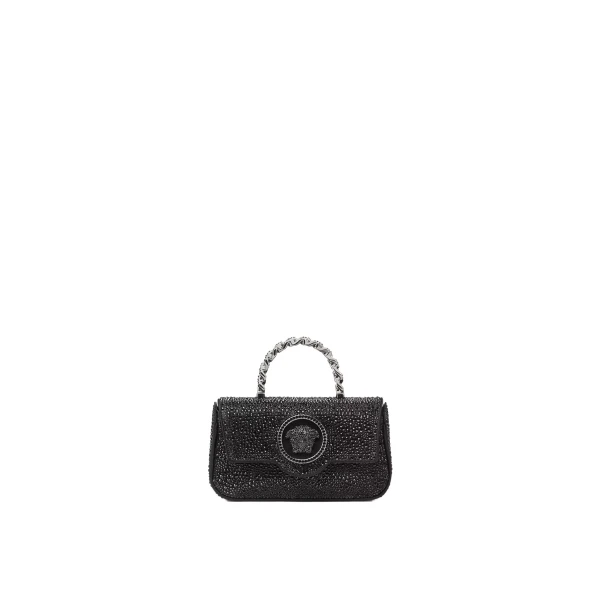 Versace La Medusa Embellished Satin Mini Bag in Black, 19 cm | Mini Bags | Coveti