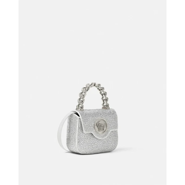 Versace La Medusa Embellished Satin Mini Bag in White, view 2 | Mini Bags