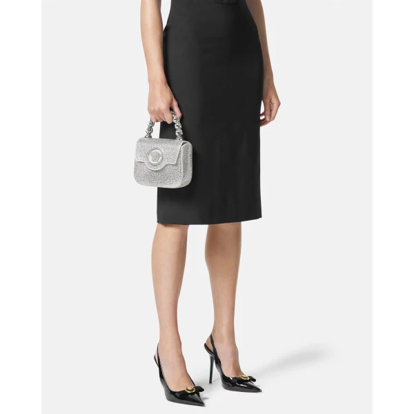 Versace La Medusa Embellished Satin Mini Bag in White, view 3 | Mini Bags