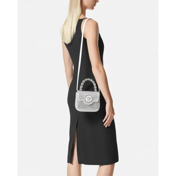 Versace La Medusa Embellished Satin Mini Bag in White, view 4 | Mini Bags