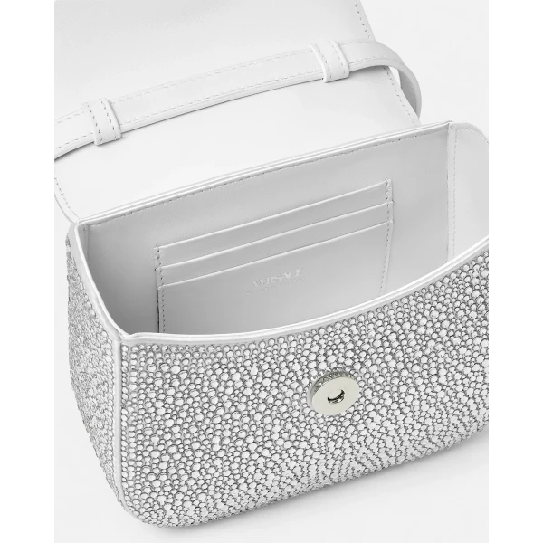 Versace La Medusa Embellished Satin Mini Bag in White, view 5 | Mini Bags