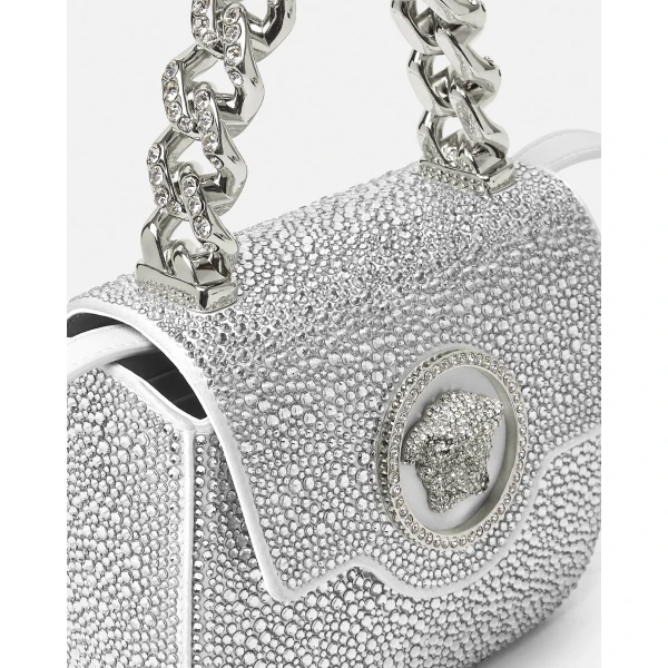 Versace La Medusa Embellished Satin Mini Bag in White, view 6 | Mini Bags