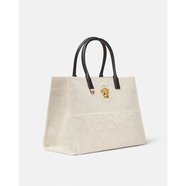 Versace La Medusa Large Canvas Tote in Beige, view 2 | Totes & Top-Handle Bags