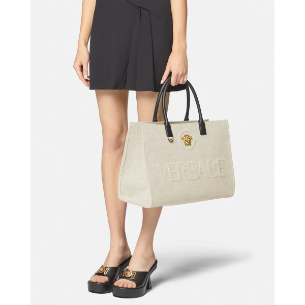 Versace La Medusa Large Canvas Tote in Beige, view 5 | Totes & Top-Handle Bags