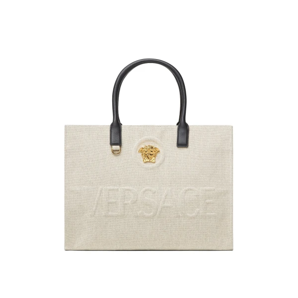 Versace La Medusa Large Canvas Tote in Beige | Totes & Top-Handle Bags | Coveti