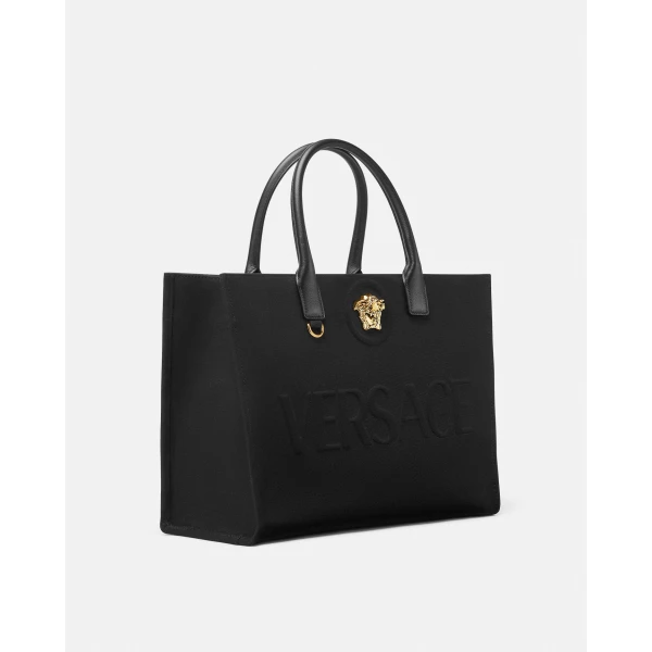 Versace La Medusa Large Canvas Tote in Black and Gold, view 2 | Totes & Top-Handle Bags