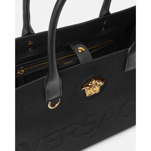 Versace La Medusa Large Canvas Tote in Black and Gold, view 4 | Totes & Top-Handle Bags