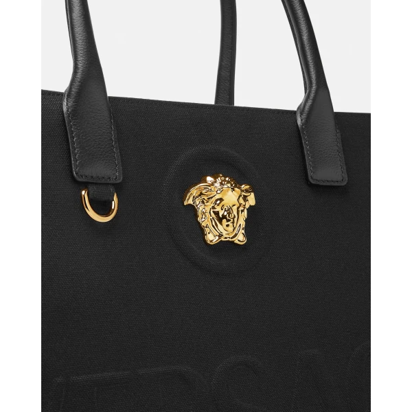 Versace La Medusa Large Canvas Tote in Black and Gold, view 5 | Totes & Top-Handle Bags